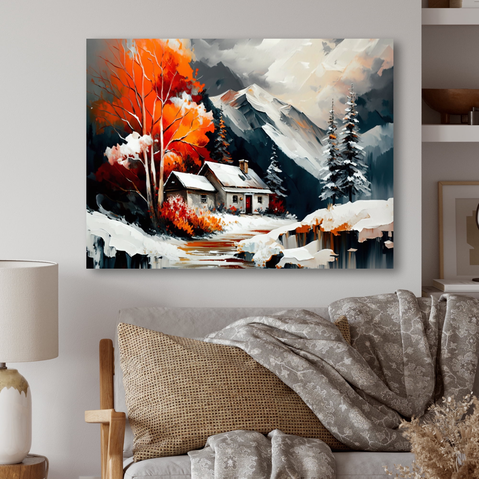 Designart Monochrome Orange Cottage In Winter III Canvas Wall Art
