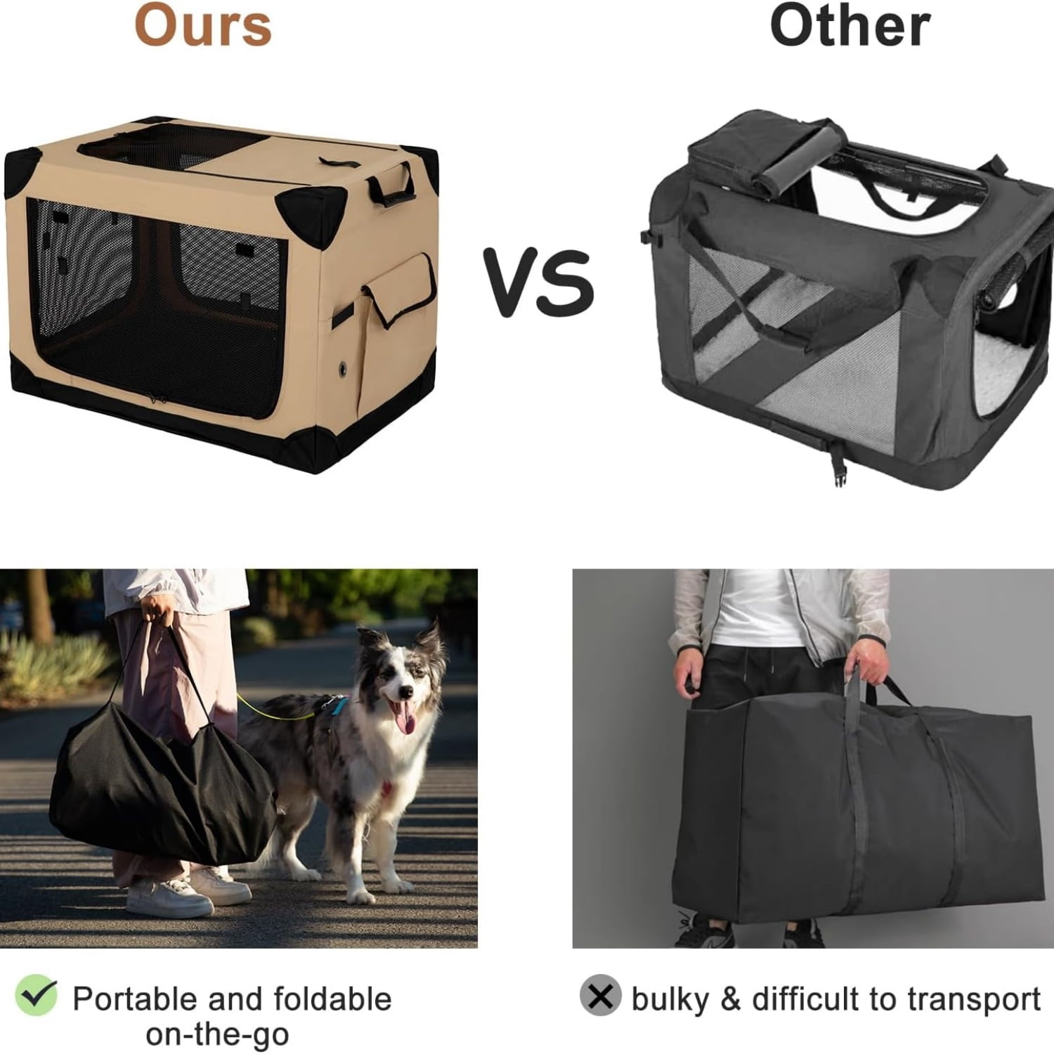 36 Inch Collapsible Soft Dog Crate for Large Dogs, 4-Door Foldable Travel Dog Kennel with Durable Mesh Windows for Indoor & Outdoor Portable Pet Crate, Soft Side Dog Crate, Beige