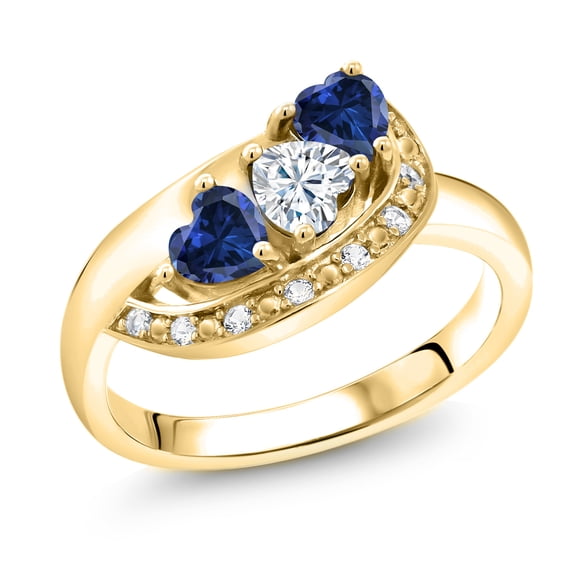 Gem Stone King 18K Yellow Gold Plated Silver White Moissanite and Blue Created Sapphire and White Created Sapphire Engagement Ring for Women (1.29 Cttw, Gemstone , Heart Shape 4MM, Size 9)