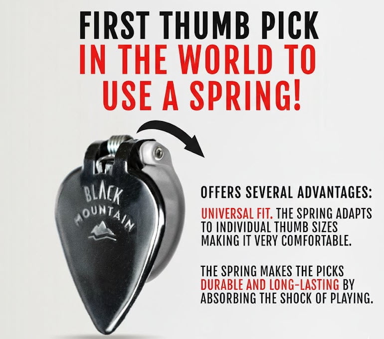BLACK MOUNTAIN Medium Gauge Thumb Picks (5 Pack) for Acoustic Guitar Electric Guitar Ukulele Banjo and More Spring Loaded Right Handed for Medium to XL Thumbs Premium Finger Picks
