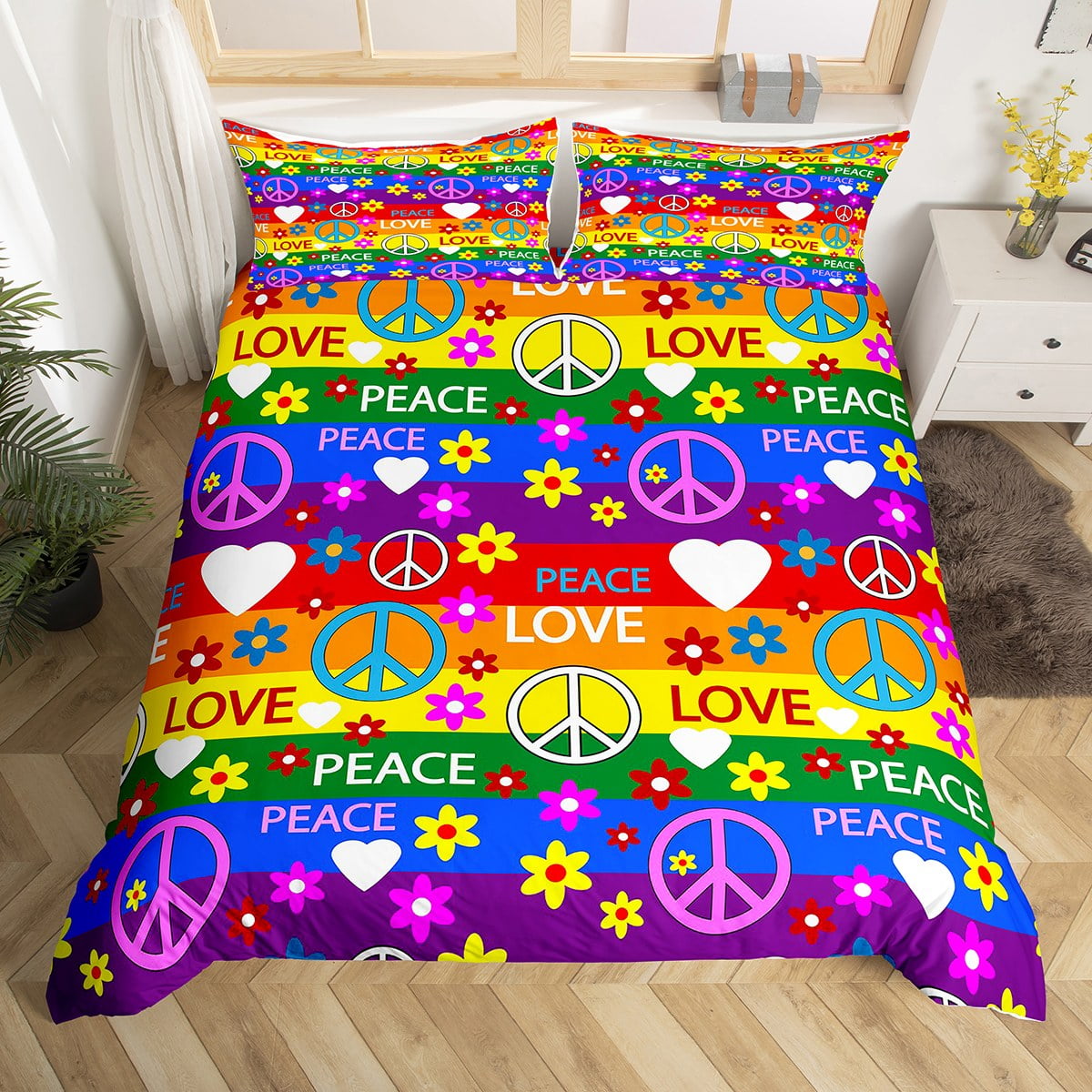 Boho Vintage Bedding Set Twin Size,Hippie Peace Sign Duvet Cover for