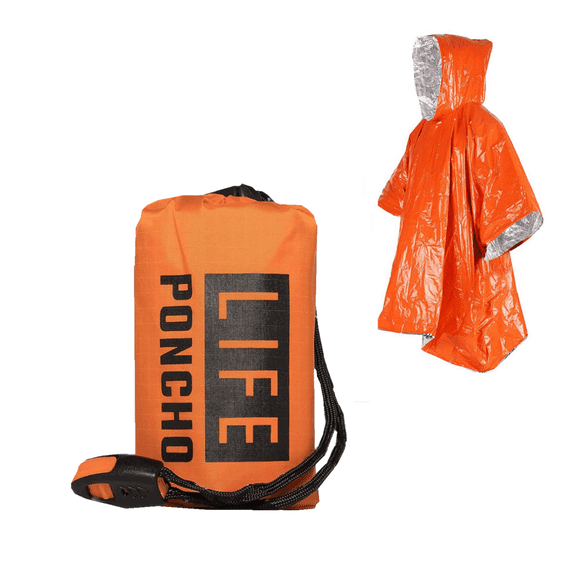 Emergency Thermal Rain Poncho, Heat Reflective Hooded Space Blanket Rainwear for Camping and Hiking