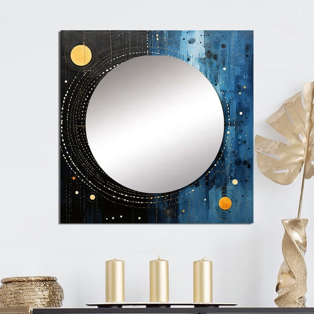 Designart "Blue Black Abstract Simplicity Round Lines III" Abstract Collages Blue Large Square Mirror - Square Bedroom Mirror Printed Wall Decor - Transitional Square Printed Wall Mirror Art