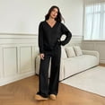 thumbnail image 2 of Domzest Sweatsuits 2 Piece Sets for Women Long Sleeve V Neck Off the Shoulder Sweatshirt & Wide Leg Sweatpants Casual Fall Outfits Black S, 2 of 5