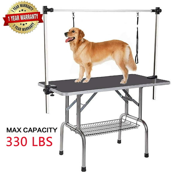 Grooming Table for Small Dogs, 2020 Newest 36'' Heavy Duty Stainless Steel Frame Foldable Table w/Adjustable with Arm/Noose, Maximum Capacity Up to 330lbs, Black, S8028