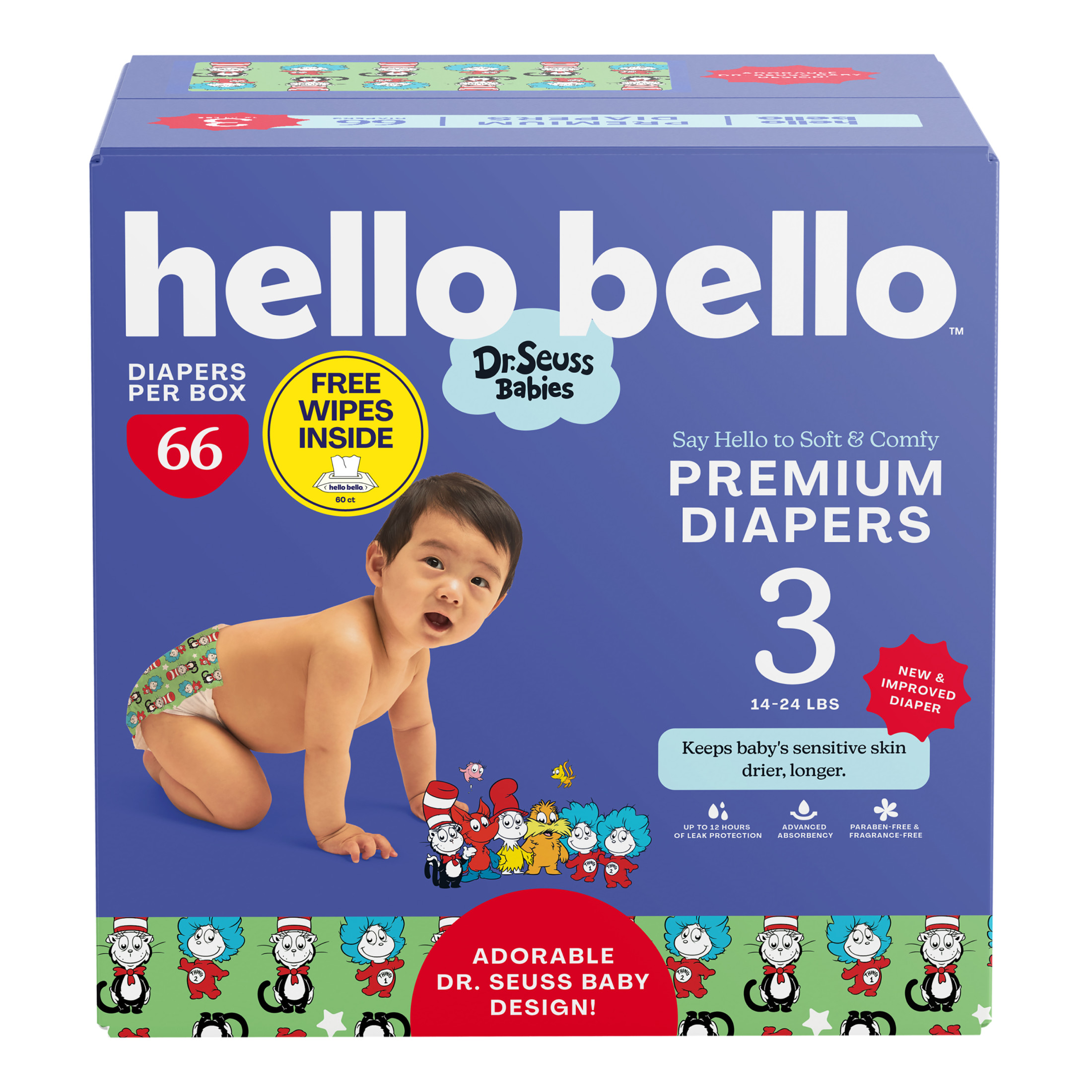 Hello Bello Premium Dr. Seuss Babies Diapers Club Box with Bonus Wipes - Size 3, 66 Count