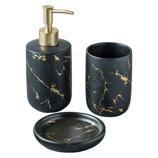 Juego de accesorios de baño de cerámica con efecto mármol, dispensador de loción y jabonera. Negro 3 piezas