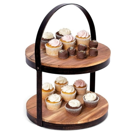 

NeosKon 2-Tier Cupcake and Cake Stand with Handle - Wood Iron Dessert Serving Tray - Rustic Farmhouse Dessert Stand - Modern Party Tiered Server - Table Kitchen Home Display - Round