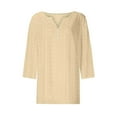 thumbnail image 4 of MIXUE Womens Summer Tops Jacquard Solid Color V Neck Three Quarter Sleeve Stylish Fashion Casual Pullover T-shirts Daily-Wear,Beige,XL, 4 of 5