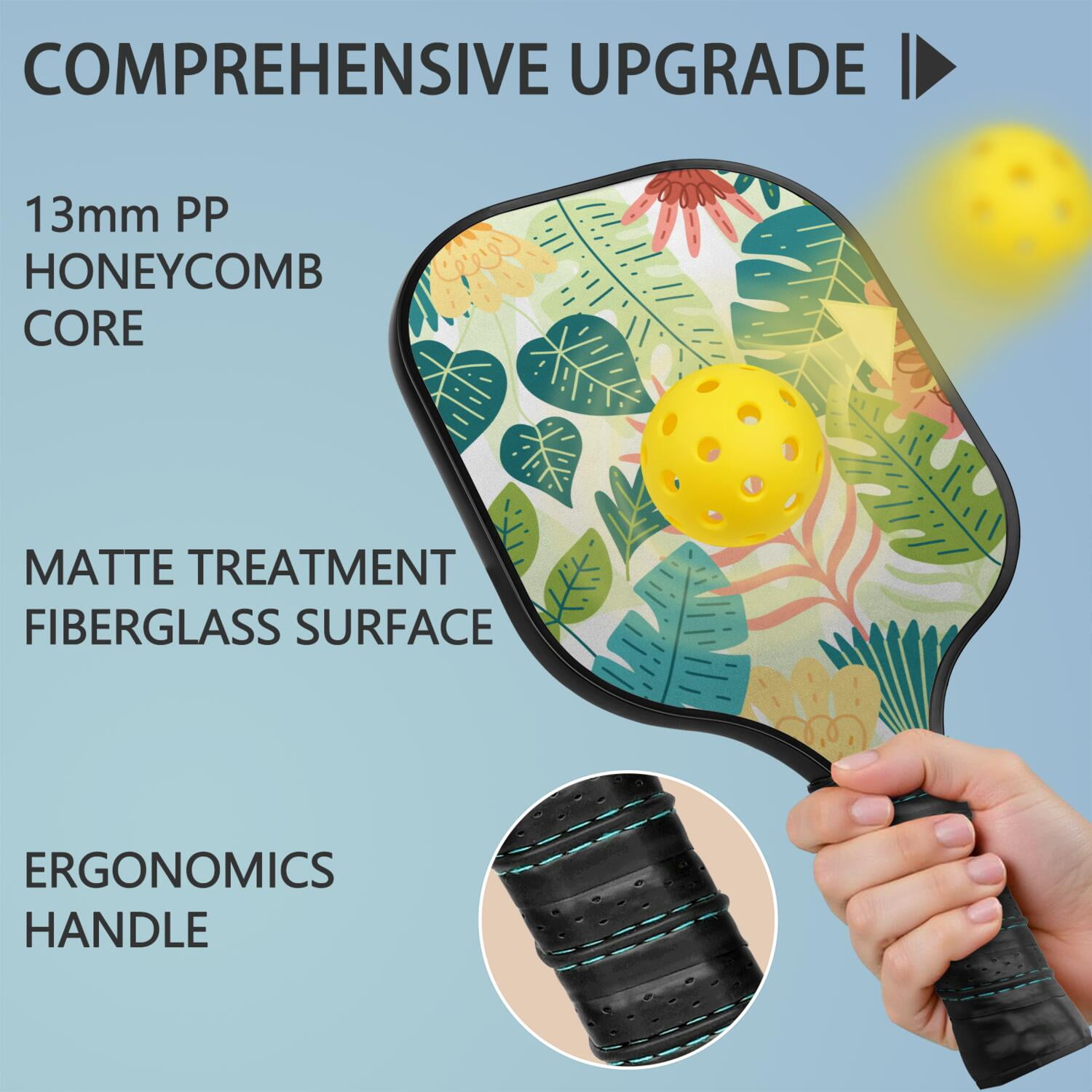 Pickleball Paddles Set Of 2, Fiberglass Surface, Tropical Jungle Print, 4 Balls & Bag