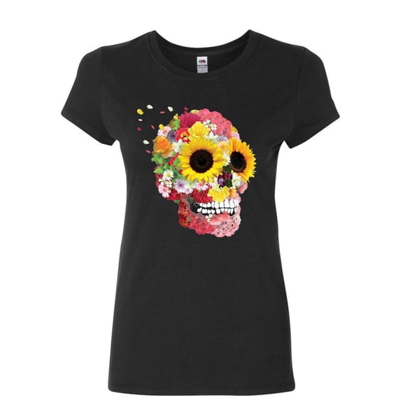 Tee Hunt Sunflowers Sugar Skull Women's T-Shirt Day of the Dead Calavera Mexico Shirt