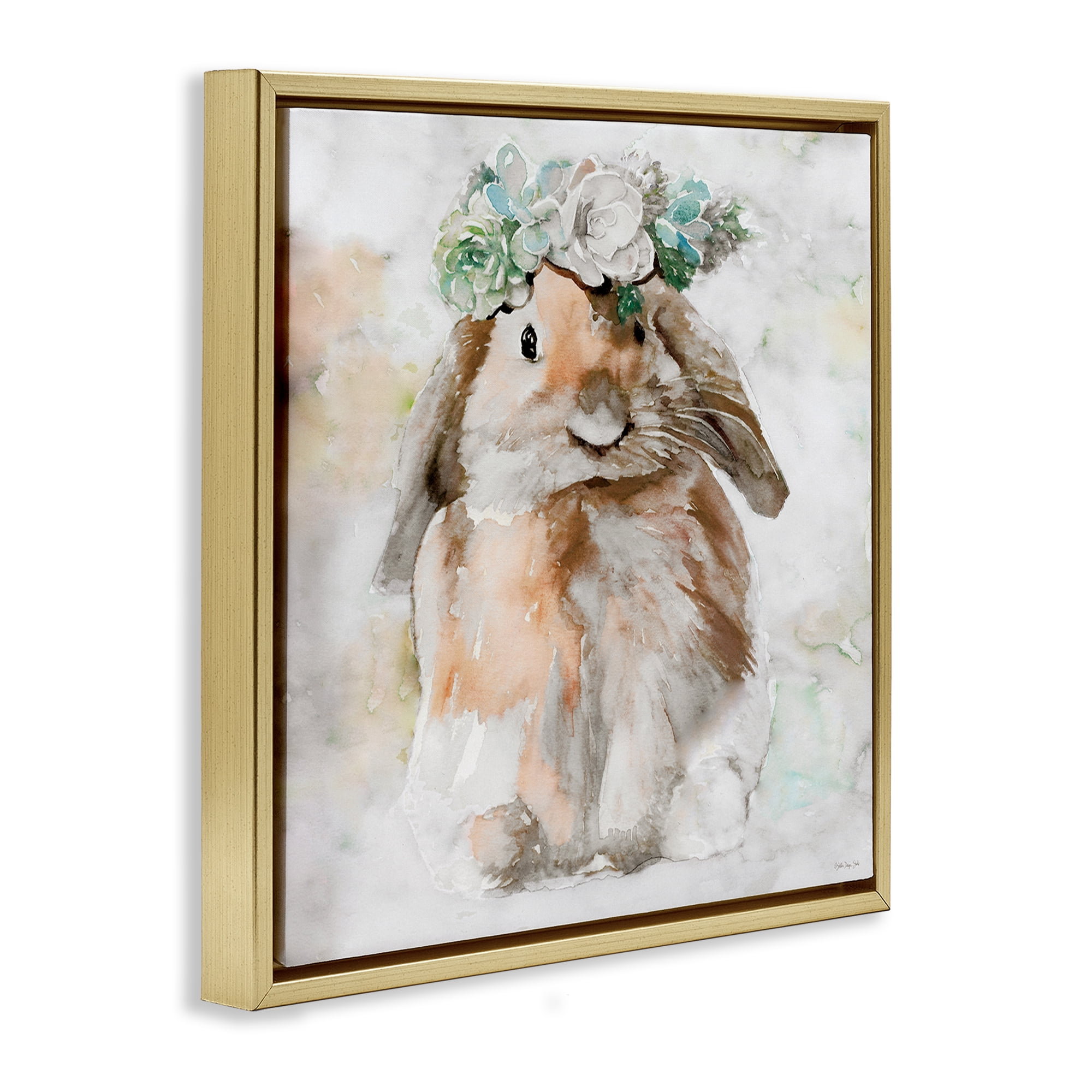 Stupell Industries Bunny & Spring Floral Crown Animals & Insects Painting Gold Floater Framed Canvas Art Print Wall Art, 18 x 18