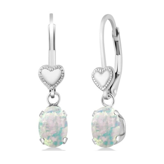 Gem Stone King 1.26 Ct Oval Cabochon White Simulated Opal 925 Sterling Silver Heart Shape Lever Earrings