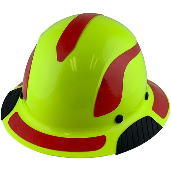 DAX Fiberglass Composite Hard Hat - Full Brim High-Viz Lime with Reflective Red Decal Kit Applied