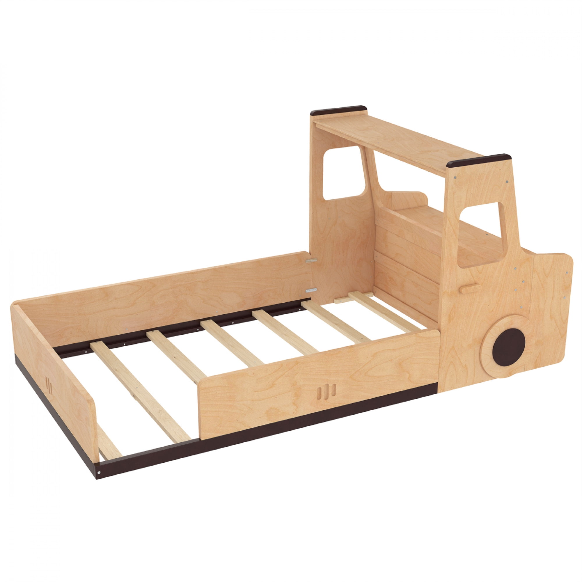 Twin Size Car-Shaped Floor Bed - with Storage Drawers, Window & Desk for Bedroom,Natural