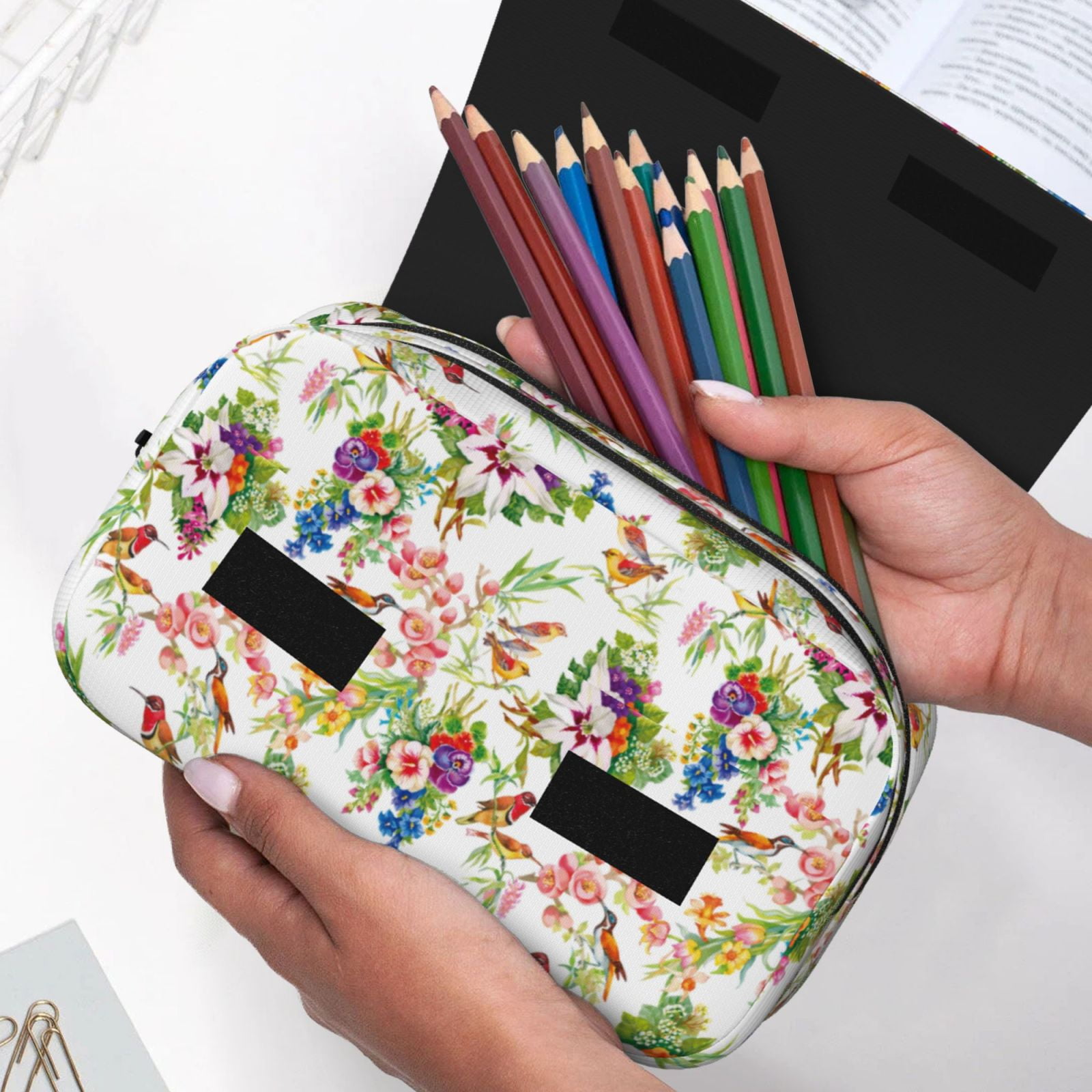 Rateoe Birds And Flowers Pattern Double Clamshell Pen Case, Storage Organizer with Two Zipper Compartments– Holds Up to 50 Pencils & Pens