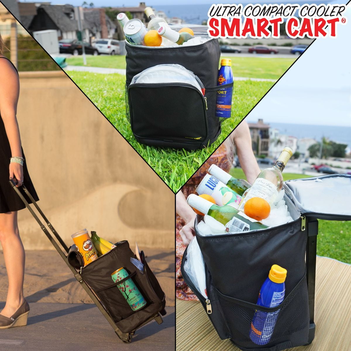 dbest products Ultra Compact Cooler Smart Cart, Black Insulated Collapsible Rolling Tailgate BBQ Beach Summer