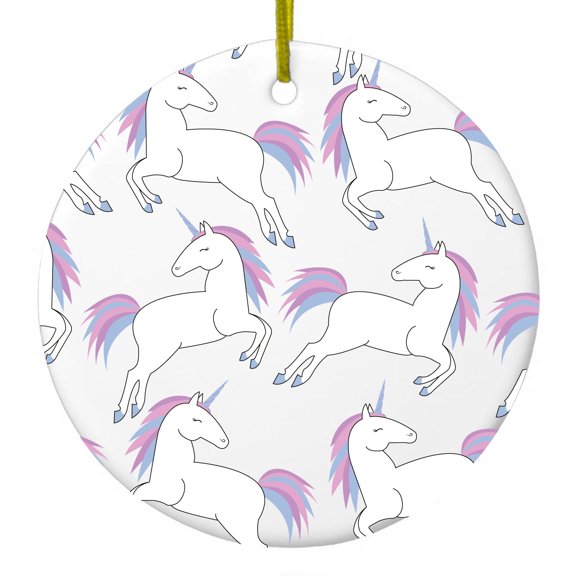 DistinctInk Hanging Ceramic Christmass Tree Ornament with Gold String - Great Gift / Present - 2 3/4 inch diameter - Repeating Pastel Unicorns