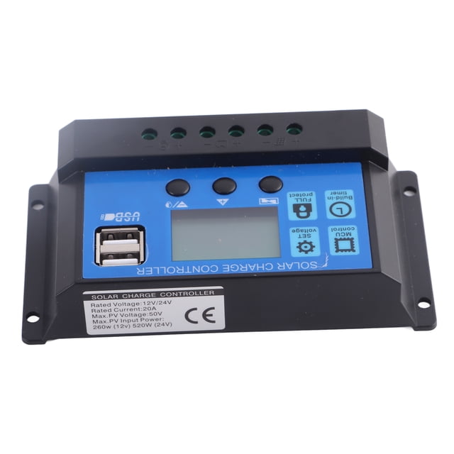 Controlador de carga solar de batería de plomo-ácido de 12 V y 24 V, 20 A, regulador PWM, salida USB dual de 5 V