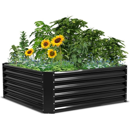 Galvanized Raised Garden Bed Kit, 4X4X1.5Ft Metal Large Planter Box, Stock Tank Outdoor For Vegetables,Flowers, Herbs Black Grey