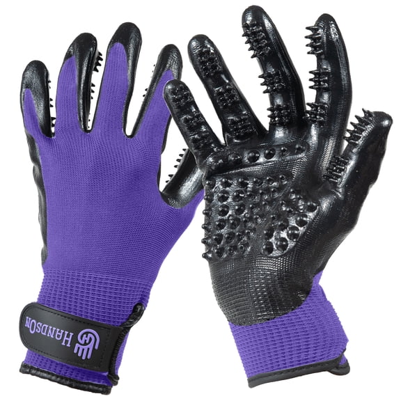 HandsOn Pet Grooming Gloves for Cats, Dogs, and Horses, Mono, Purple, Medium