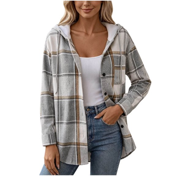 ZZkhGO Women's Plaid Hooded Button‑Front Cardigan Coat Long Sleeve Oversized Outerwear with Chest Pocket