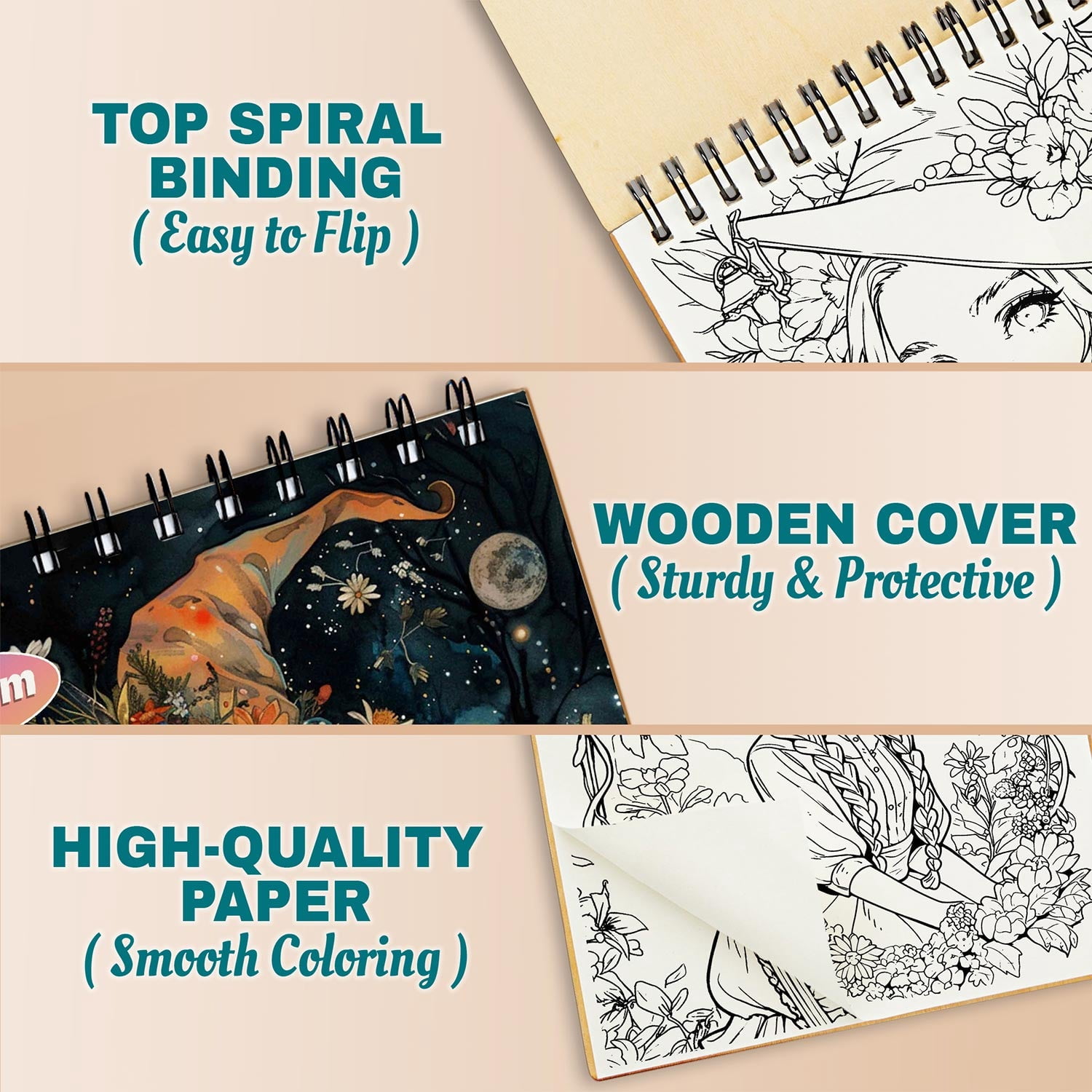 Netecom Witches Coloring Book Spiral Bound for Adults, A5 Wooden Cover, 30 Stunning Coloring Pages of Magical World to Explore Mysteries of Witchcraft for Stress Relief and Relaxation