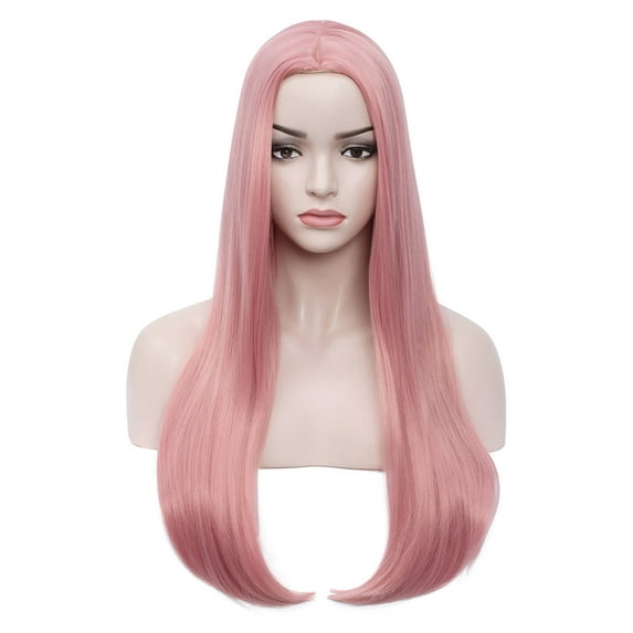 BERON Pink Long Straight Wigs Charming Women Girls Middle Part Wigs Heat Resistant Synthetic Hair Wigs for Cosplay Party or Daily Use