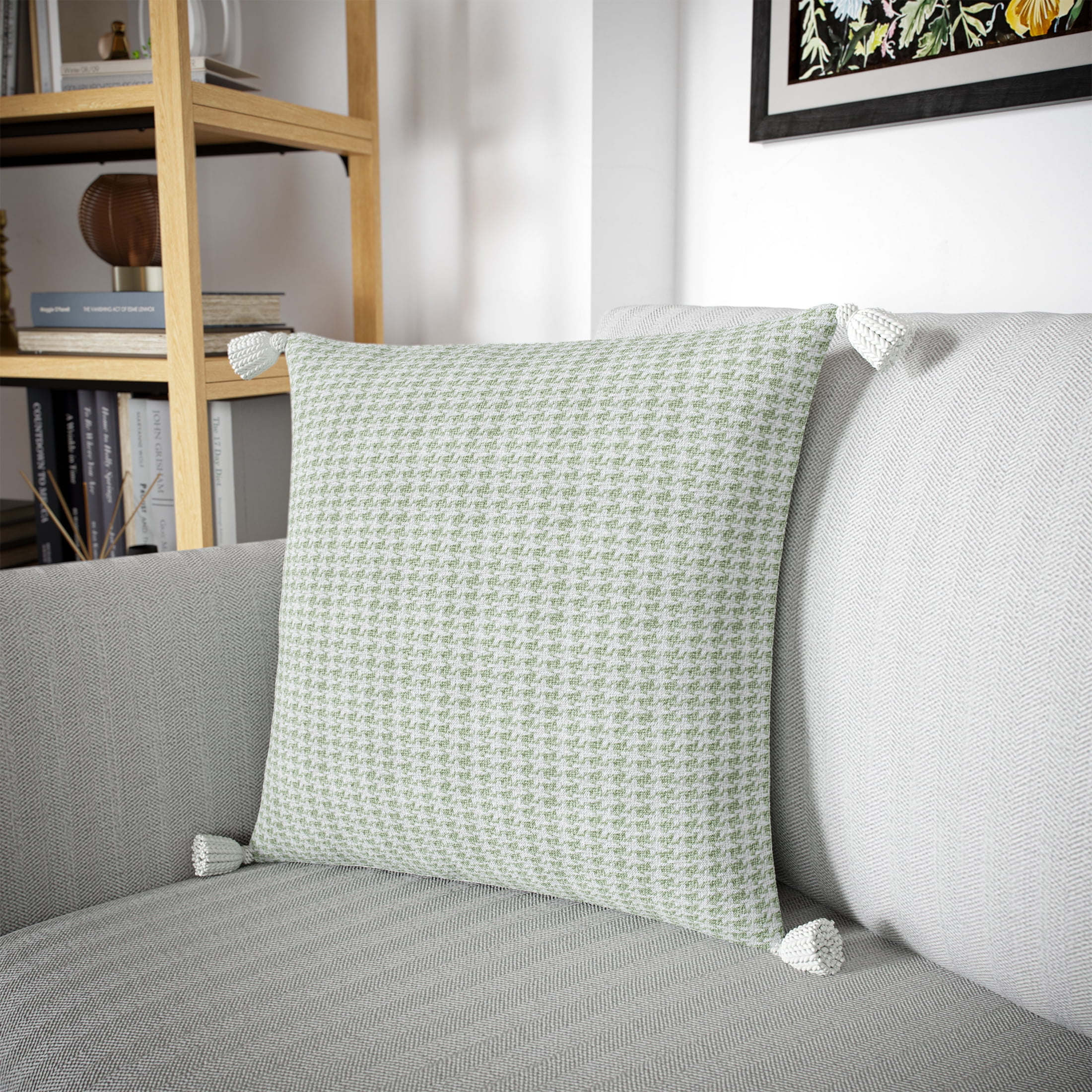 (2 pack) Beautiful Tonal Houndstooth Cotton Decorative Pillow with Tassels by Drew Barrymore, 22" x 22", Sage