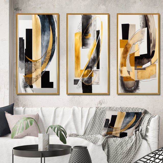 Designart "Glamorous Art Deco Abstraction I" Abstract Framed Wall Art Set Of 3 - Black Transitional Frame Gallery Wall Set For Home Decor