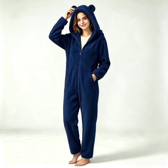 Asgosdo Adult Onesie Pajamas for Women Fleece Lined Cute Bear Ear Hooded Zip Warm Winter One Piece Romper Soft Comfy Loungewear