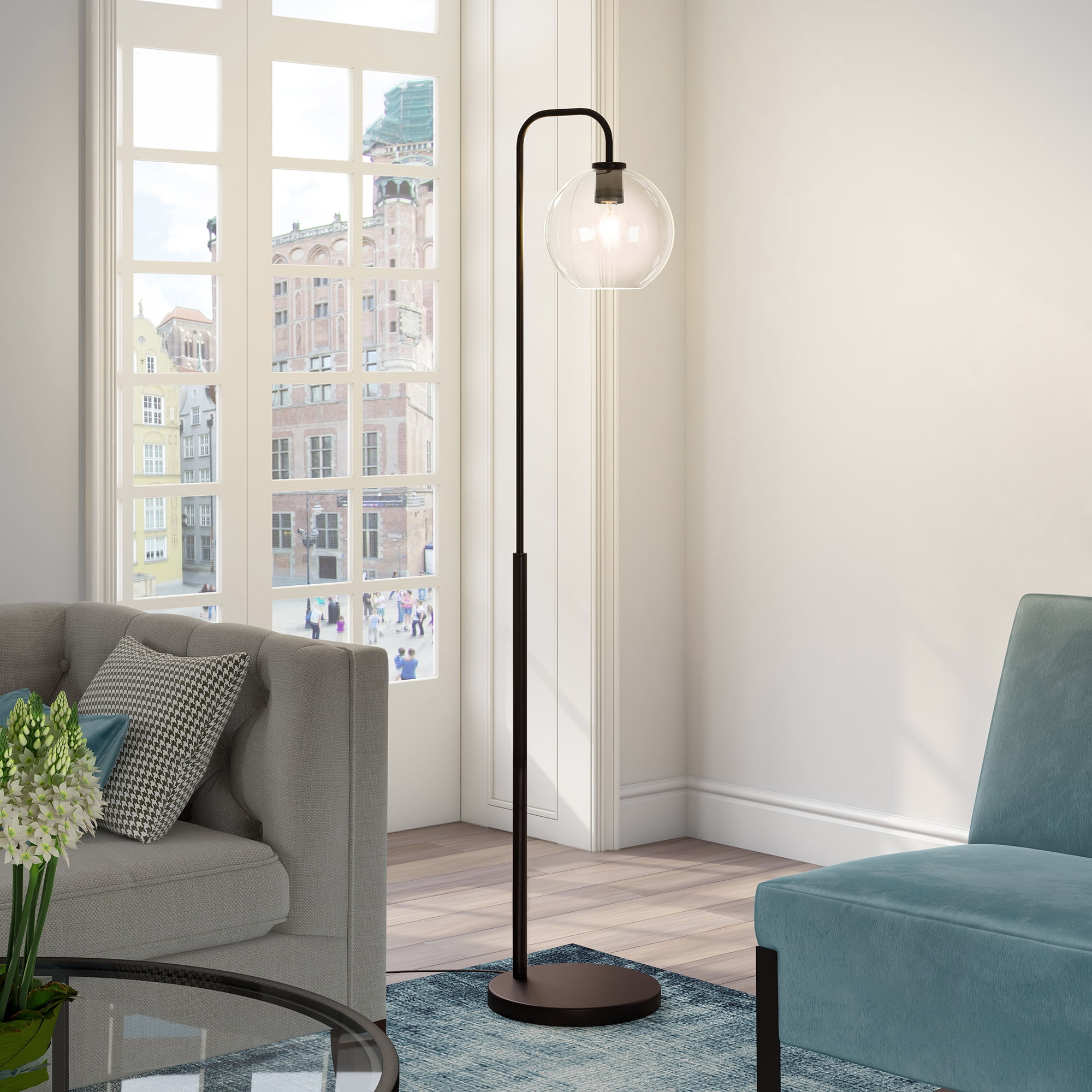 Modern, Industrial standing floor lamp in contemporary blackened bronze,  brass with clear glass shade, for Living Room, Dining Room, Bedroom, Office  