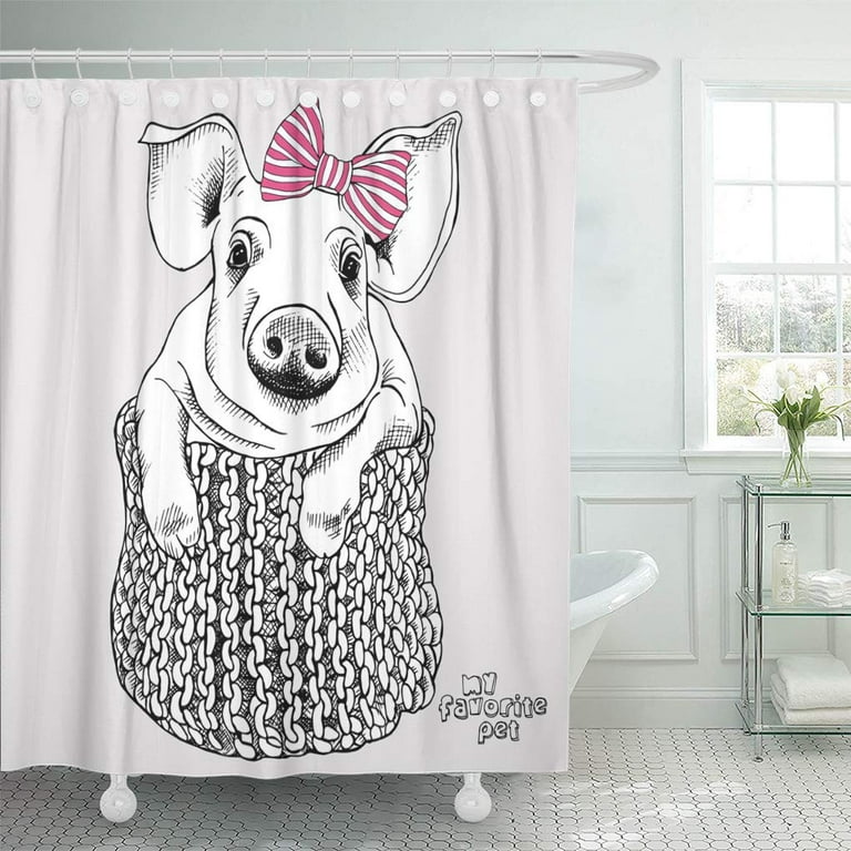 CYNLON White Baby Portrait of Small Pig Pink Striped Bow Bathroom