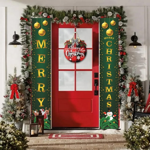 Juego de 2 Cortinas Navideñas para Puerta con Coplas | Decoración Personalizada para Fiestas | Poliéster Verde | 30 X 180 Cm | Tela de Fondo Festiva