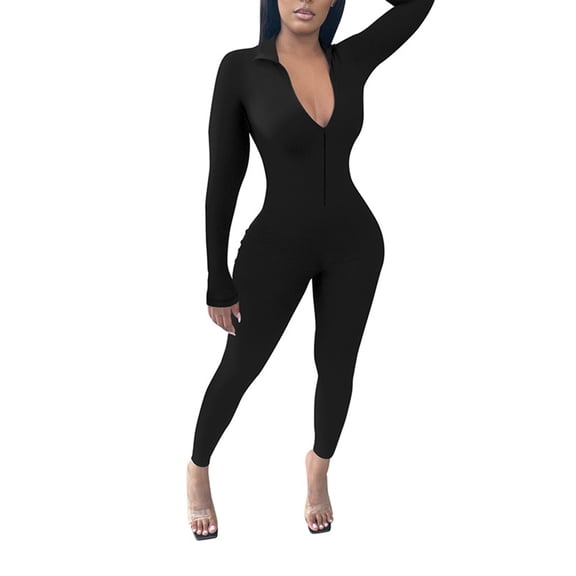 Lisingtool Long Sleeve Jumpsuit Women's Solid Color Tight Zipper Jumpsuits for Women Dressy Black