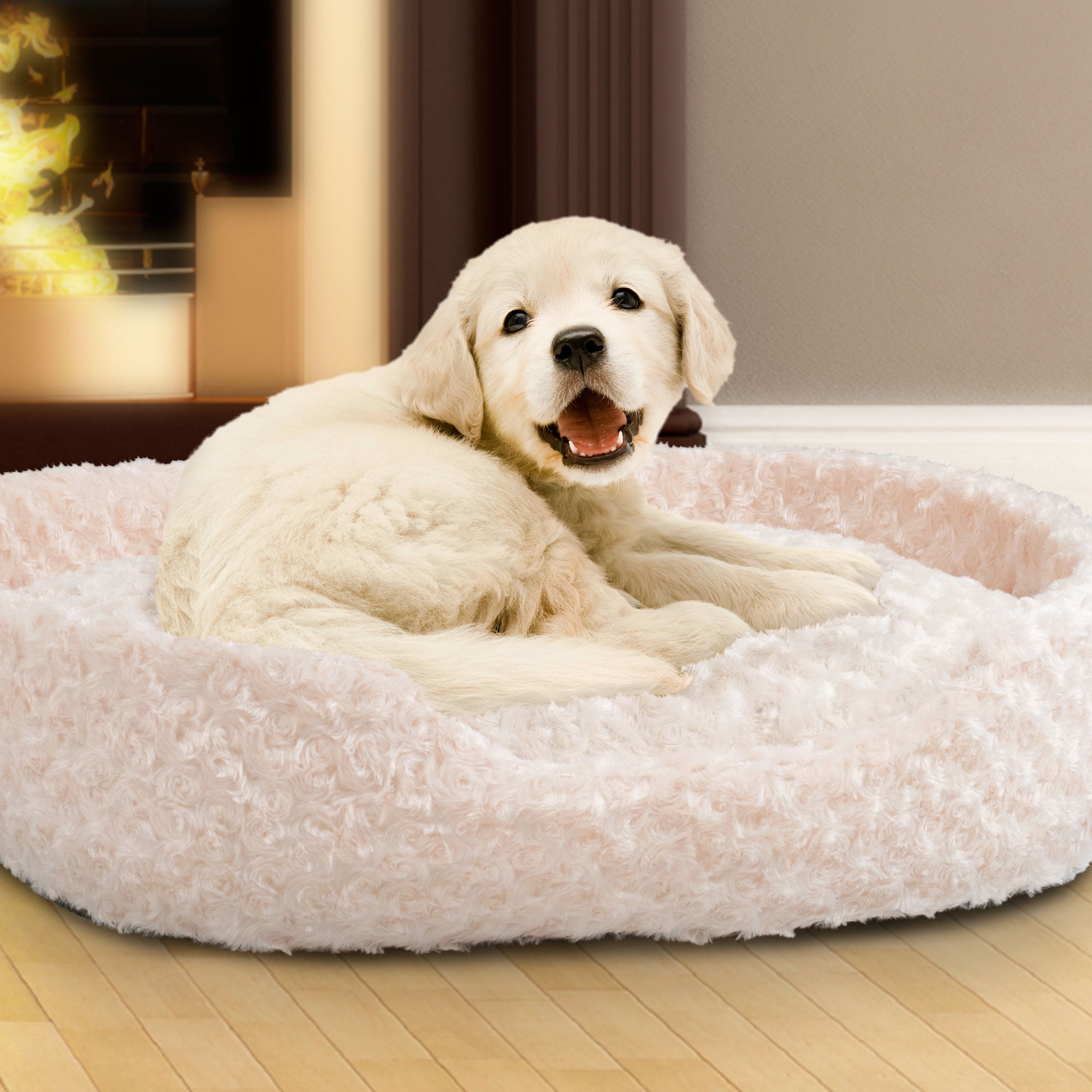 Round Dog Bed, Small Cuddle Round Plush Pet Bed - Ivory ...