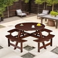 thumbnail image 3 of Brown 8 Person Round Outdoor Picnic Table with 4 Built in Benches Umbrella Hole Wood Metal Table Bench Set for Garden Backyard Porch Patio, 3 of 18