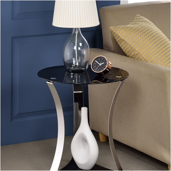 JERFIT Modern End Table with Black Glass Top and Chrome Metal Base, Round Accent Table with Lower Shelf for Living Room, Bedroom, Office