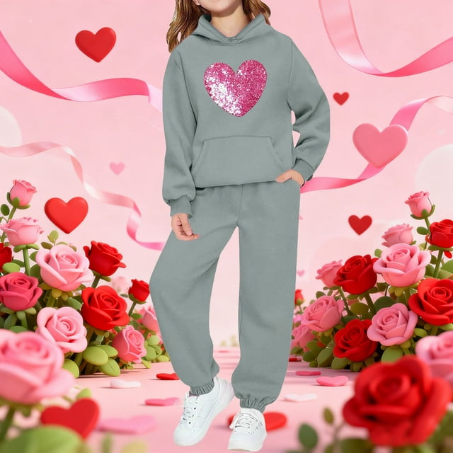 Conjunto de sudadera con capucha de manga larga para niños con estampado en forma de corazón y pantalones deportivos con lazo en las piernas, conjunto deportivo informal de dos piezas para niños, poli