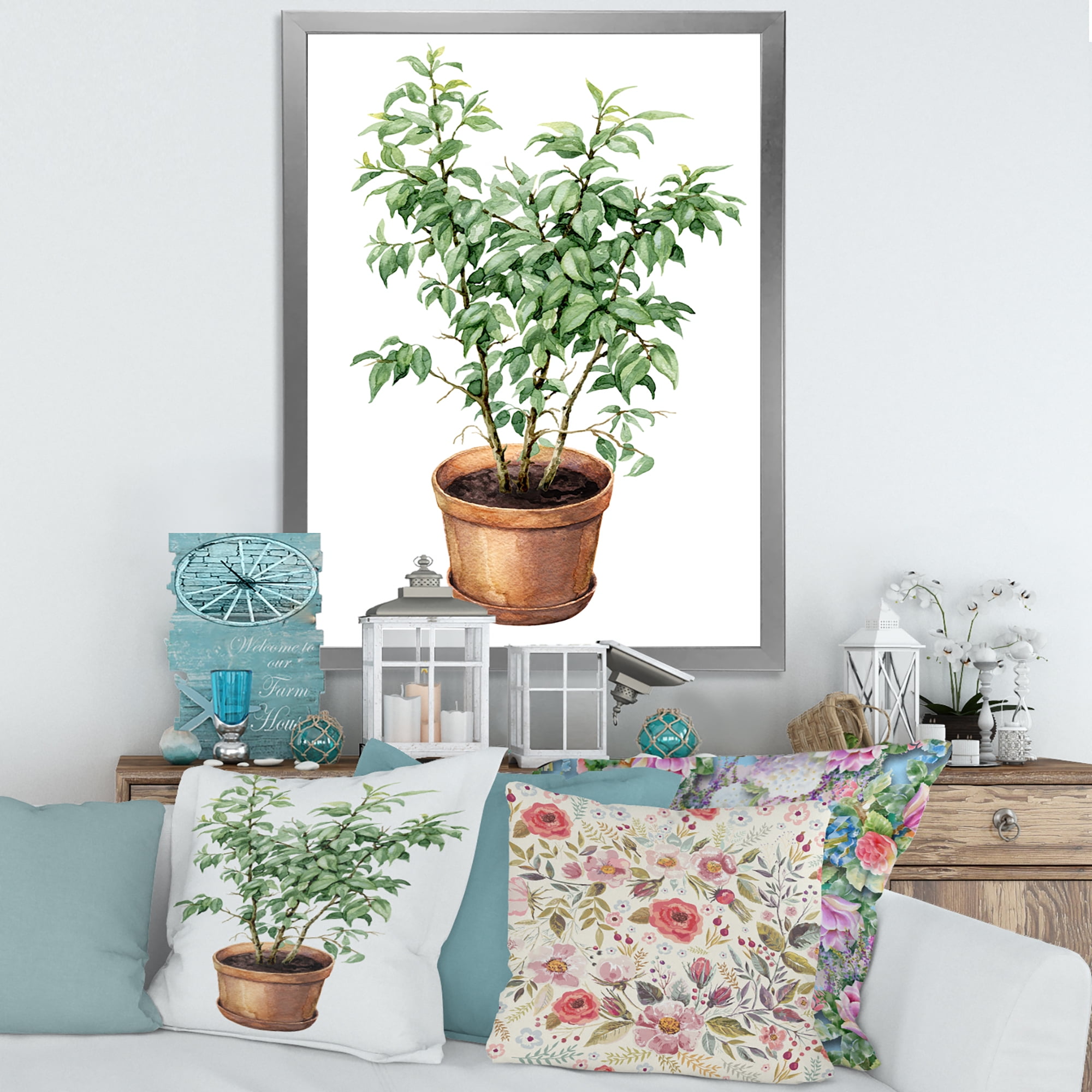 Designart 'Ficus Benjamina Plant In Clay Flowerpot' Traditional Framed Art Print