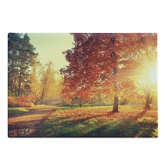 Fall Cutting Board, Vibrant Misty Day in Forest Sun Rays Trees Foliage Fallen Leaves Calm View, Decorative Tempered Glass Cutting and Serving Board, Large Size, Orange Yellow Green, by Ambesonne