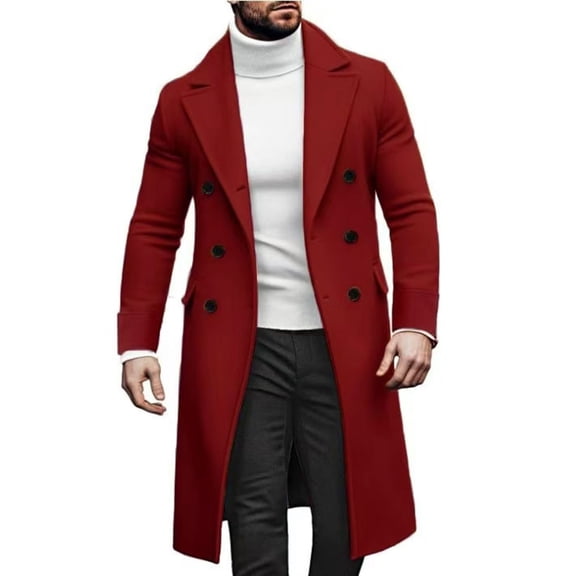 Havenx Double Breasted Trench Coat for Men Notched Collar Lapel Long Coats Wool Blend Double Brested Jacket Peacoat with Pockets Fall Winter Windbreaker Fashion Thermal Jacket,Wine M