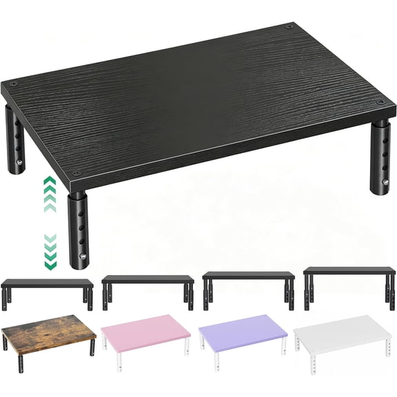 Adjustable Monitor Stand Riser for Desk, Wood Computer & Laptop Stand, Desk Organizers and Accessories, Office Desk Accessories & Worpace Organizer for Home Office Supplies, Black