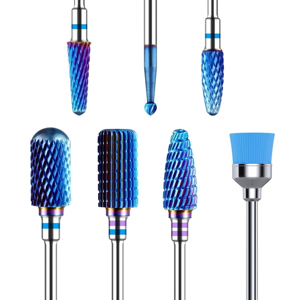 Juego de brocas para uñas MelodySusie de carburo de tungsteno, 7 unidades, azul
