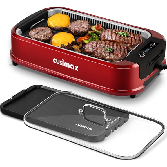 Indoor Grill, Smokeless Grill Indoor, Electric Griddle, 1500W Korean BBQ Grill with LED Smart Display & Tempered Glass Lid, Non-stick Removable Plate & Griddle Plate, Red