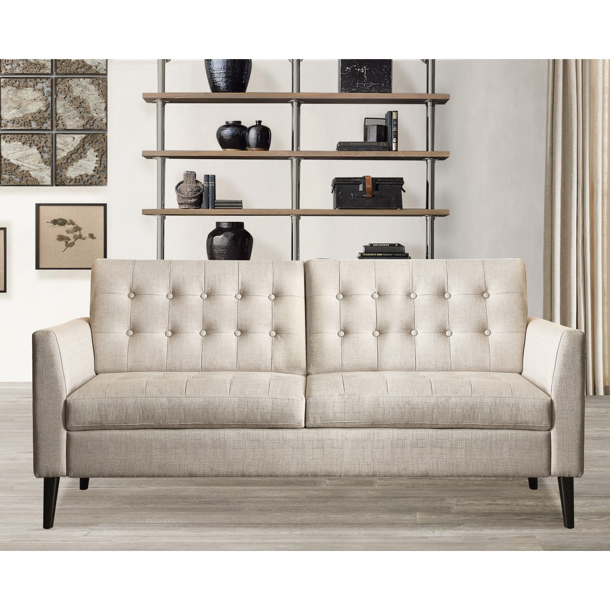 Gewnee Beige 68-Inch Linen Loveseat Sofa - 2-Seater Upholstered Couch with Solid Rubberwood Legs, 100% Linen Fabric & Button-Tufted Backrest for Living Room/Bedroom