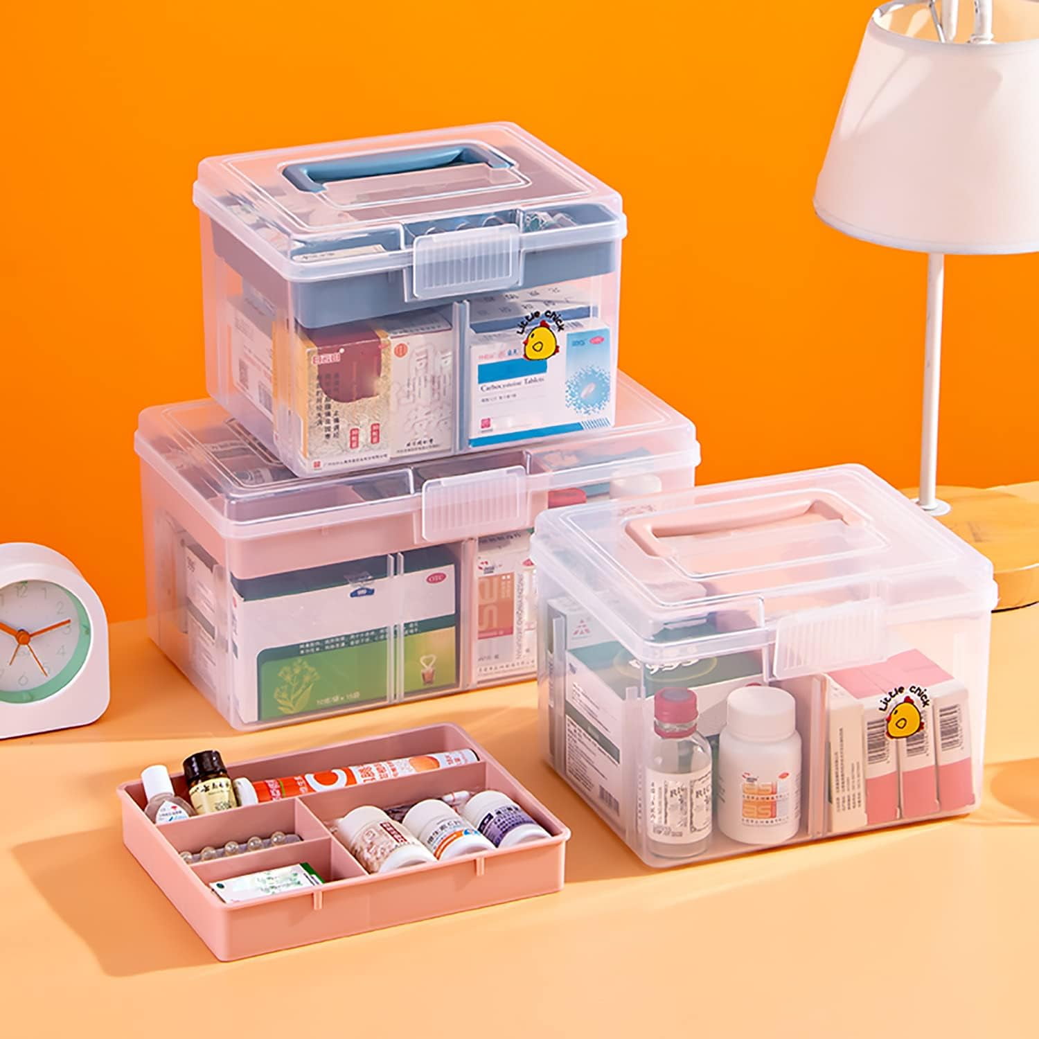 ABPETE Small Portable Plastic Storage Box for Beauty Ornaments Hair Nail Accessories, Cosmetic Case with Handle & Removable Tray & a Divider, Sewing Box Organizer, Kids Art Box (Clear & Pink)