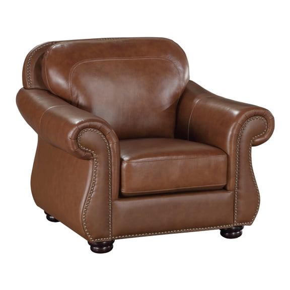 Boro 40 Inch Accent Chair- Brown Top Grain and Faux Leather- Solid Wood