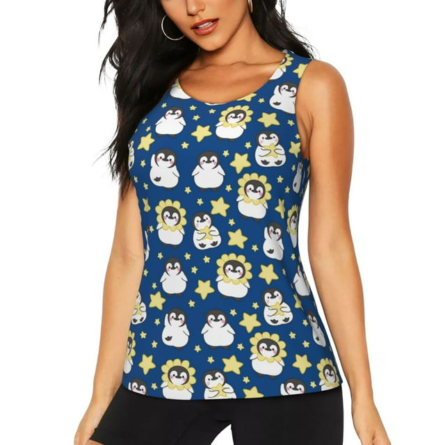Fotbe Star Penguin Blusas Sin Mangas para Mujer – Estilo Casual, Corte Suelto, Slim-Fit, Cuello Redondo Deportivo, Tops de Verano para Gimnasio y Yoga-Small