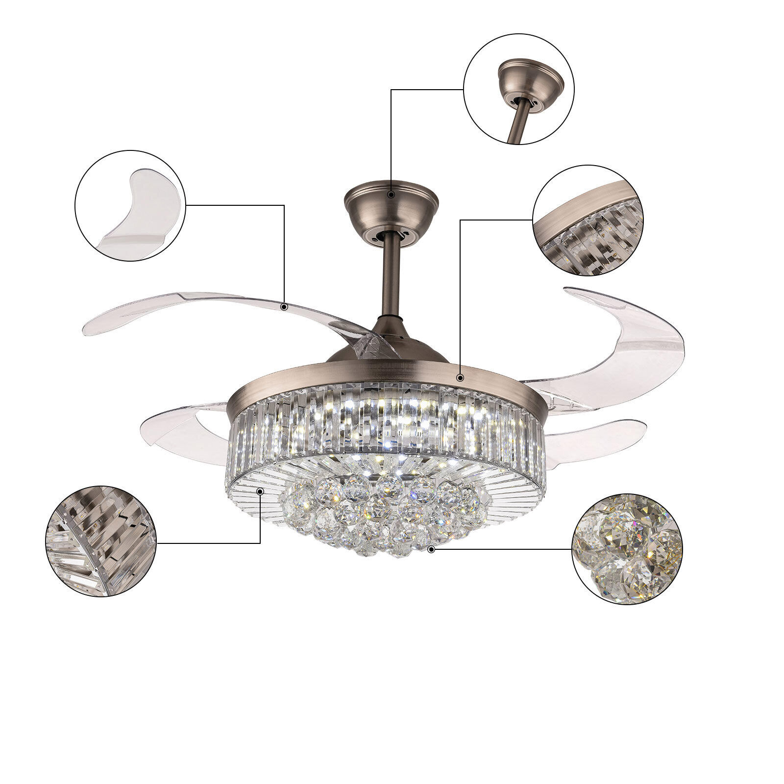 36"Modern Indoor Ceiling Fan With LED Light Crystal Ceiling light with Fan Chandelier Lamp pendent celling lighting lamp light fixture Fandelier Remote Control 3 Fan Speeds